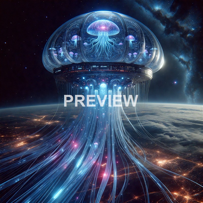 A futuristic, glowing spaceship shaped like a jellyfish releasing streams of light and energy into space above Earth with a starry galaxy background.